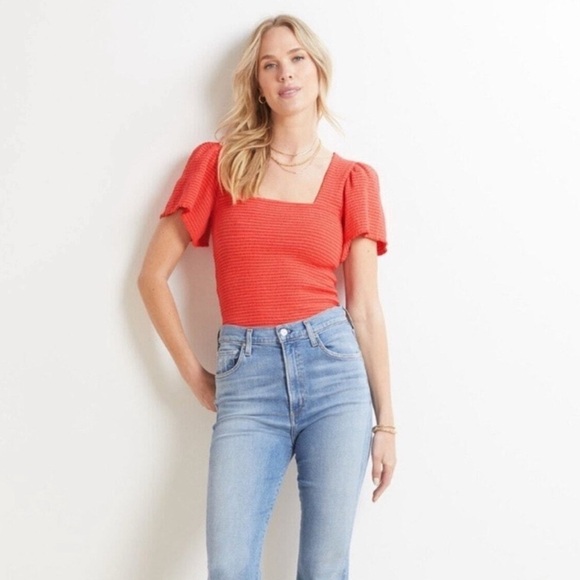Nation LTD Scarlett Smocked Flutter Sleeve Top Candy Apple Red Orange XL - Picture 1 of 8